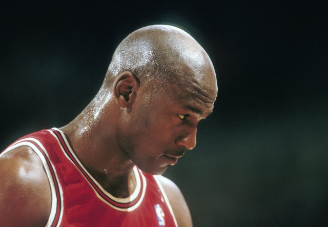 Feb 7, 1993; Portland, OR, USA: FILE PHOTO; Chicago Bulls guard Michael Jordan (23) against the Portland Trail Blazers at Memorial Coliseum. Mandatory Credit: USA TODAY Sports